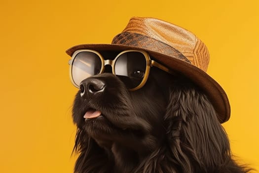 Portrait of a stylish Newfoundland dog in glasses and a hat close-up. Travel concept. Generative AI.