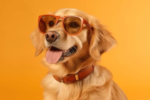 Portrait of a stylish dog in glasses close-up. Generative AI.
