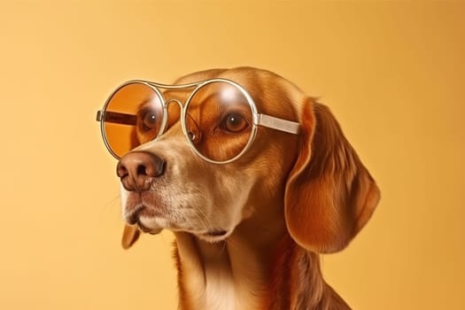 Portrait of a stylish dog in glasses close-up. Generative AI.