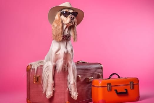Afghan hound breed dog, wearing sunglasses, wearing a hat, with suitcases for vacation, summer travel concept. Generative AI.