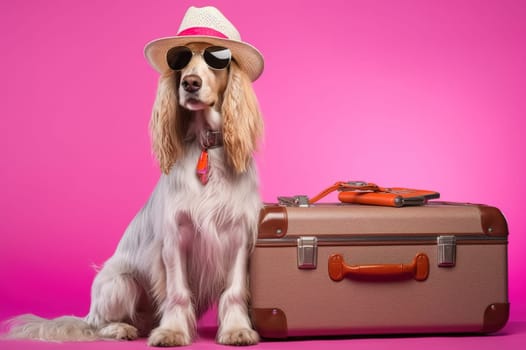 Afghan hound breed dog, wearing sunglasses, wearing a hat, with suitcases for vacation, summer travel concept. Generative AI.