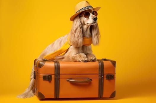 Afghan hound breed dog, wearing sunglasses, wearing a hat, with suitcases for vacation, summer travel concept. Generative AI.