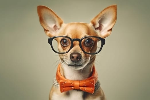 Portrait of a stylish dog in glasses close-up. Generative AI.