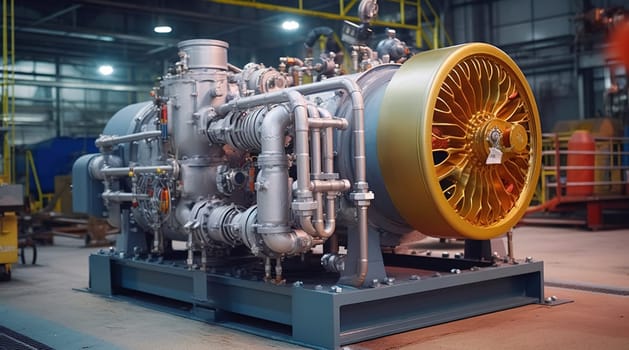 Huge industrial compressor in production. Generative AI.