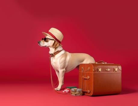 Labrador dog breed, wearing sunglasses, wearing a hat, with suitcases for vacation, summer travel concept. Generative AI.