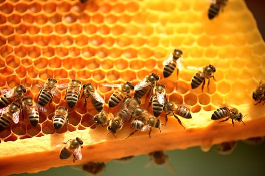 A family of bees collects honey in honeycombs. Generative AI.