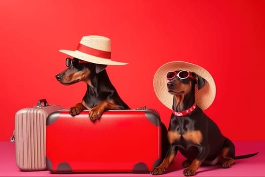 Doberman breed dogs, wearing sunglasses, wearing a hat, on a red background in the studio, next to suitcases for vacation, summer travel concept. Generative AI.