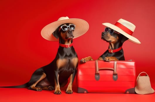 Doberman breed dogs, wearing sunglasses, wearing a hat, on a red background in the studio, next to suitcases for vacation, summer travel concept. Generative AI.