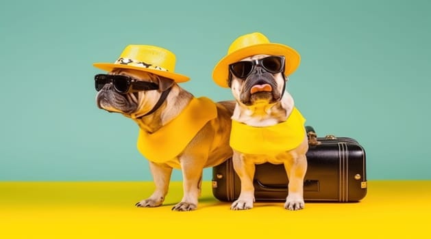 Bulldog dog breed, wearing sunglasses, wearing a hat, with suitcases for vacation, summer travel concept. Generative AI.