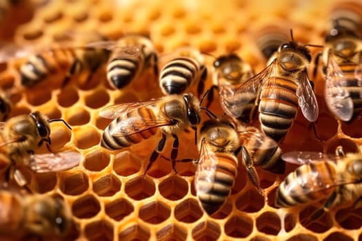 A family of bees collects honey in honeycombs. Generative AI.