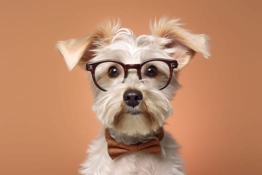 Portrait of a stylish dog in glasses close-up. Generative AI.