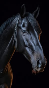 Portrait of a black horse, close-up. vertically. Generative AI.