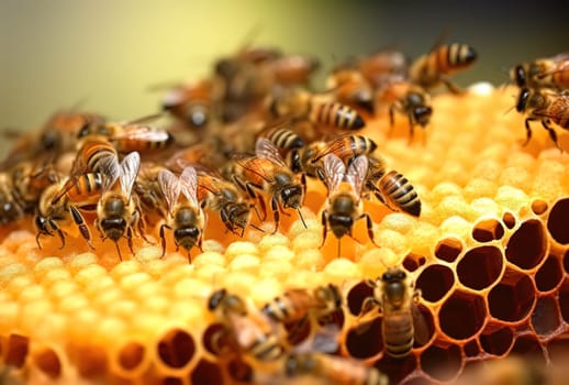 A family of bees collects honey in honeycombs. Generative AI.