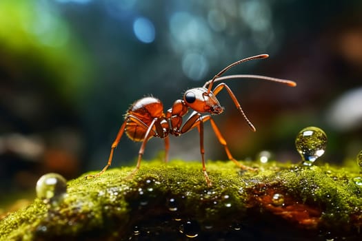 Ant on a tussock with moss and dew, close-up. Macro photography. Generative AI. High quality illustration