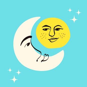 Sun and moon with a lovely face. Freaky quirky moon . Card in modern cartoon style