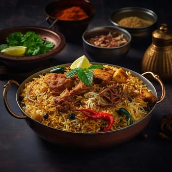Nasi Biryani, a South Asian Indian dish of spiced rice and meat. High quality illustration