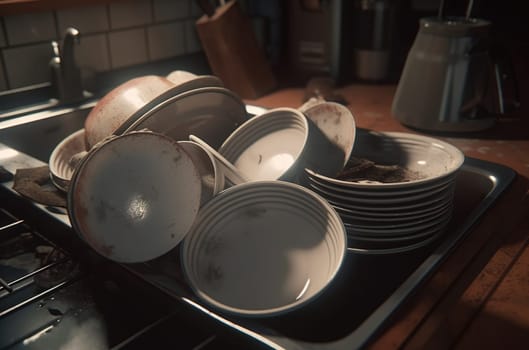 A pile of dirty dishes in the sink. Generative AI High quality illustration