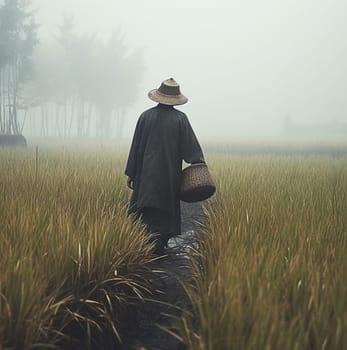A man in a wide-brimmed hat walks through a rice field, rear view. Generative AI. High quality illustration
