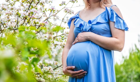 Pregnant woman in the garden of flowering apple trees. Selective focus. Nature.