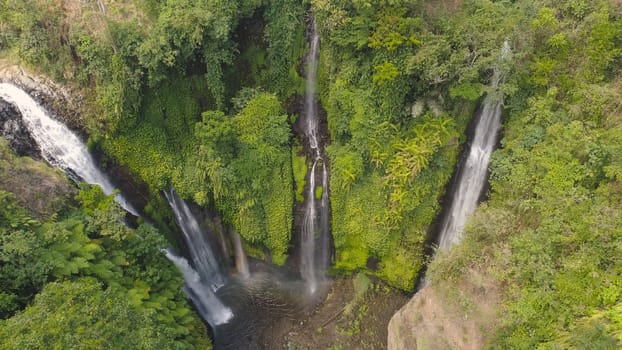 waterfall in green rainforest. Aerial view triple tropical waterfall Sekumpul in mountain jungle. Bali,Indonesia. Travel concept.