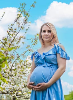 Pregnant woman in the garden of flowering apple trees. Selective focus. Nature.