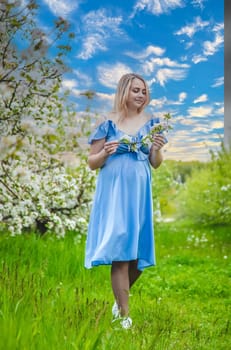 Pregnant woman in the garden of flowering apple trees. Selective focus. Nature.