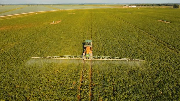 Aerial view tractor spraying chemicals on large green field. Spraying the herbicides on the farm land. Treatment of crops against weeds.