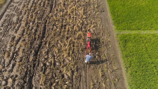farmer working in rice plantation using tiller tractor. aerial view paddy farmer prepares the land planting rice. farmland with agricultural crops in rural areas Java Indonesia