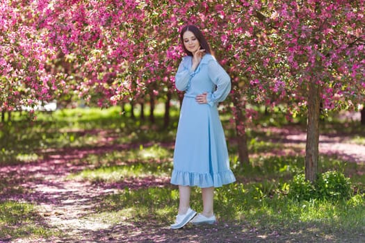 Adorable brunette girl in light blue dress, with long hair is standing near a pink blooming apple trees, in the summer in the garden. Copy space