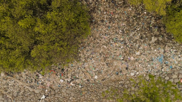 Garbage environmental pollution in mangrove ecological problem in asia. garbage, trash on shore in mangroves, all kinds, plastic bottles, styrofoam, rubber, aluminum and glass cans, java, indonesia.Garbage pollution