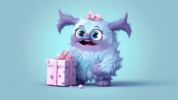 fluffy monster with wrapped gift box, generative AI. High quality photo