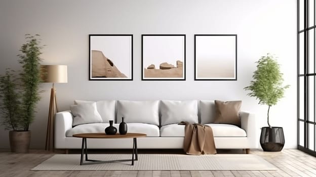 stylish living room interior with frames on the wall, generative AI. High quality photo