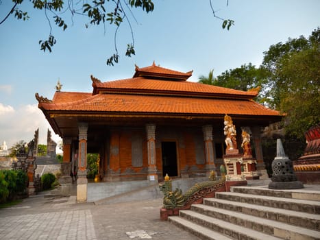 buddhist temple Brahma Vihara Arama with statues gods. balinese temple, old hindu architecture, Bali architecture, ancient design. Travel concept. indonesia