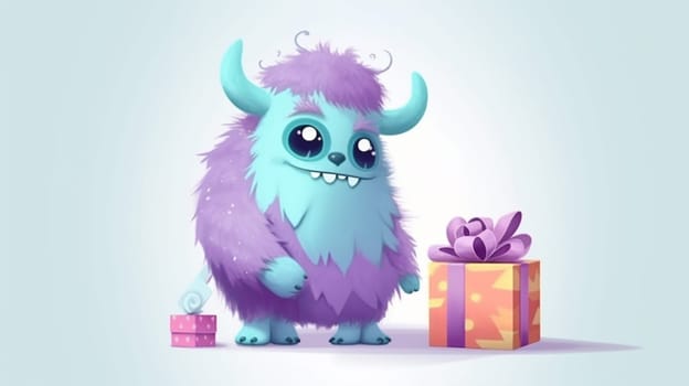 fluffy monster with wrapped gift box, generative AI. High quality photo