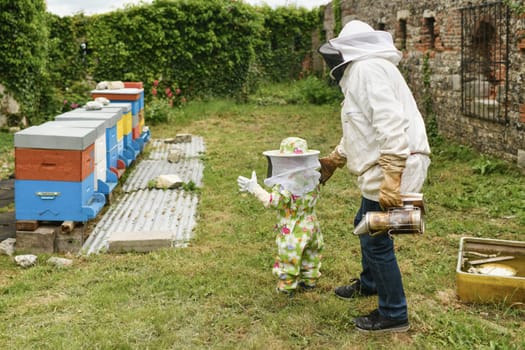 A beekeeper shows the beehive to the children