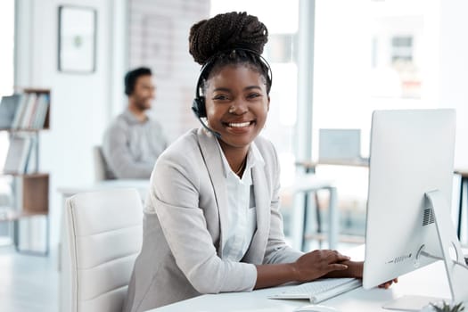 Call center, happy and portrait of black woman in office for customer service, consulting or help desk. Smile, advice and sales with female employee for technical support, communication or ecommerce.