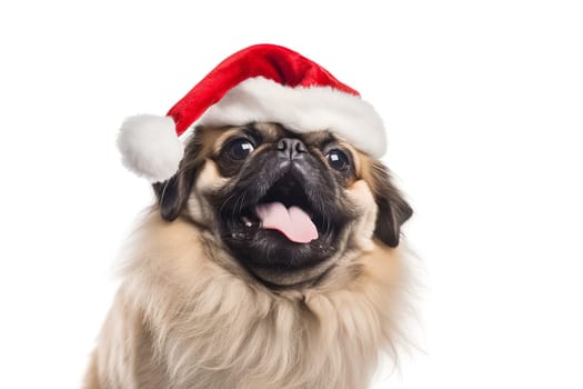 A pickiness dog in a Santa Claus hat. Small dog in a red Santa hat. New year or Christmas Banner with copy cpace. Generative AI.