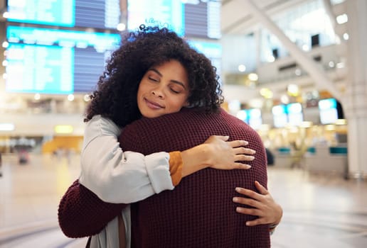 Couple, hug and embracing goodbye at airport for travel, trip or flight in farewell for long distance relationship. Man and woman hugging before traveling, departure or immigration and arrival.