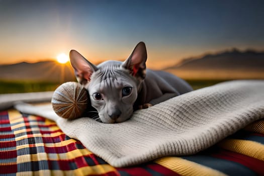 Cute gray sphinks cat sleeps on fur white blanket. kitten sleeping on gray plaid wool blanket with tassels, embracing soft beige knitted toy