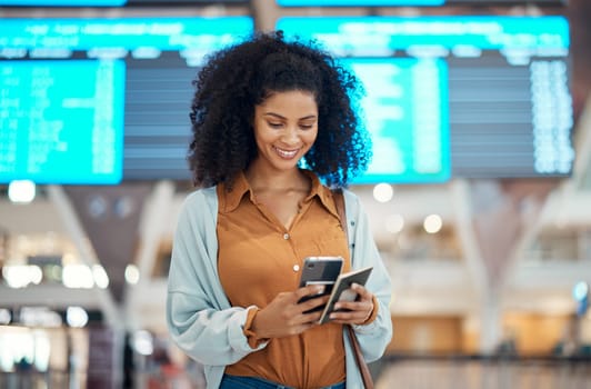 Black woman at airport, travel and passport with cellphone, excited for holiday and plane ticket with communication. Freedom, chat or scroll social media, flight with transportation and vacation.