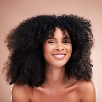 Black woman, afro hair or portrait smile on studio background in empowerment pride, curly texture or skincare glow. Beauty model face, happy or natural hairstyle and makeup aesthetic on isolated wall.