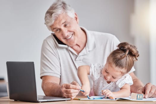 Laptop, phone call or senior man and child in remote working network, communication or marketing consulting. Smile, happy or grandfather bonding with girl, grandkid or working from home on technology.