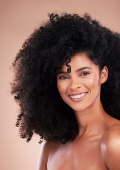 Black woman, afro hair or skincare glow portrait on isolated studio background for growth management, curly texture or makeup. Beauty model, happy or smile with natural hairstyle, keratin or collagen.