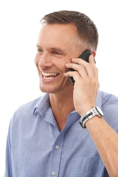 Phone call, contact and communication with a mature man in studio isolated on a white background. Mobile, talking and conversation with a handsome male on blank space for networking or chatting.