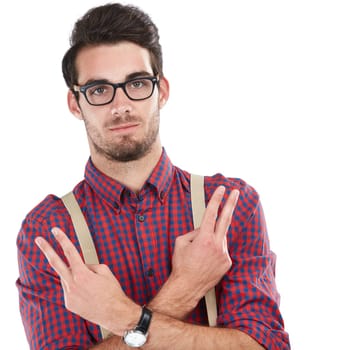 Nerd, portrait and man with sign for peace, calm and young person isolated on white studio background. Face, male hipster and gentlemen showing fingers, edgy and trendy with casual outfit and clothes.