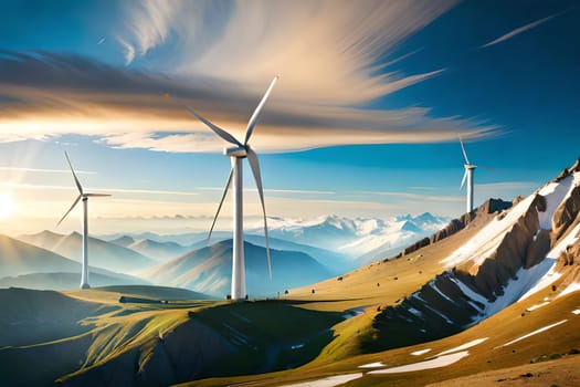 Panoramic view of wind farm or wind park, with high wind turbines for generation electricity with copy space. Green energy concept. Generative AI