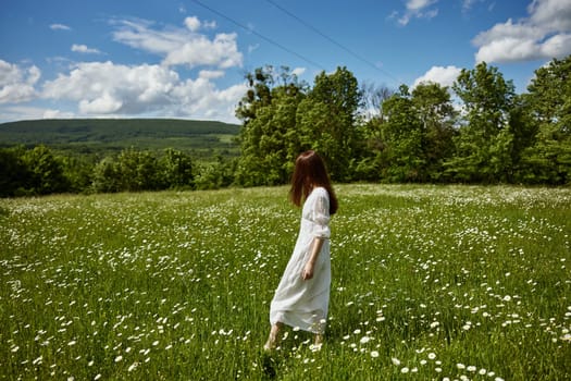 a woman in a long light dress stands in a chamomile field on a sunny day. High quality photo