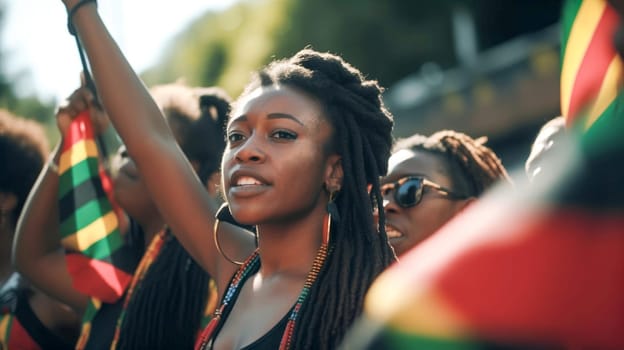 Juneteenth Freedom Day Celebration. African American people raised fists in the air. Juneteenth and african liberation day. Generative ai.