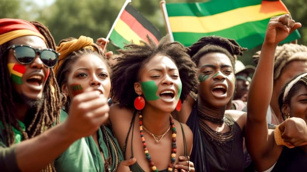 Juneteenth Freedom Day Celebration. African American people raised fists in the air. Juneteenth and african liberation day. Generative ai.