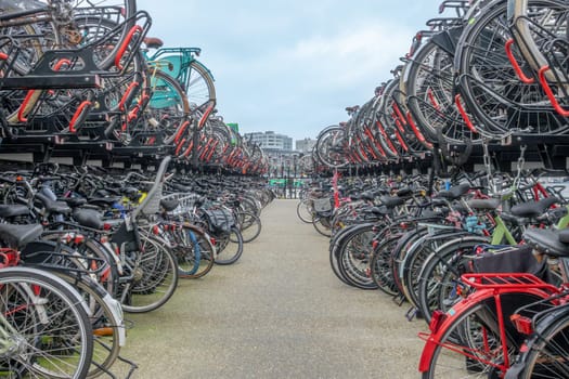 Netherlands. Large two-level outdoor parking for bicycles near Amsterdam Central Station